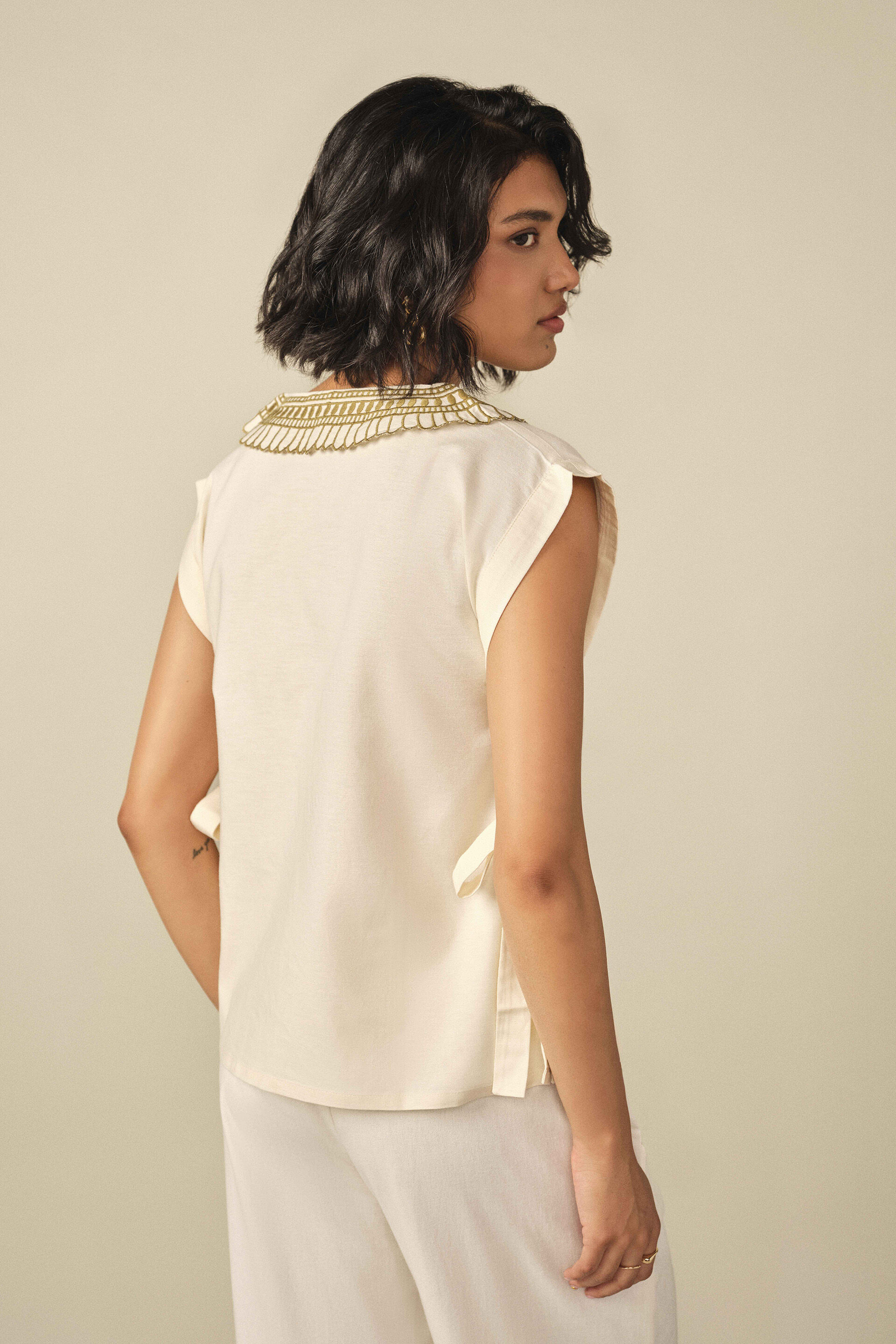 Embroidered Side Tie-up Top in Off White, Off White, image 5